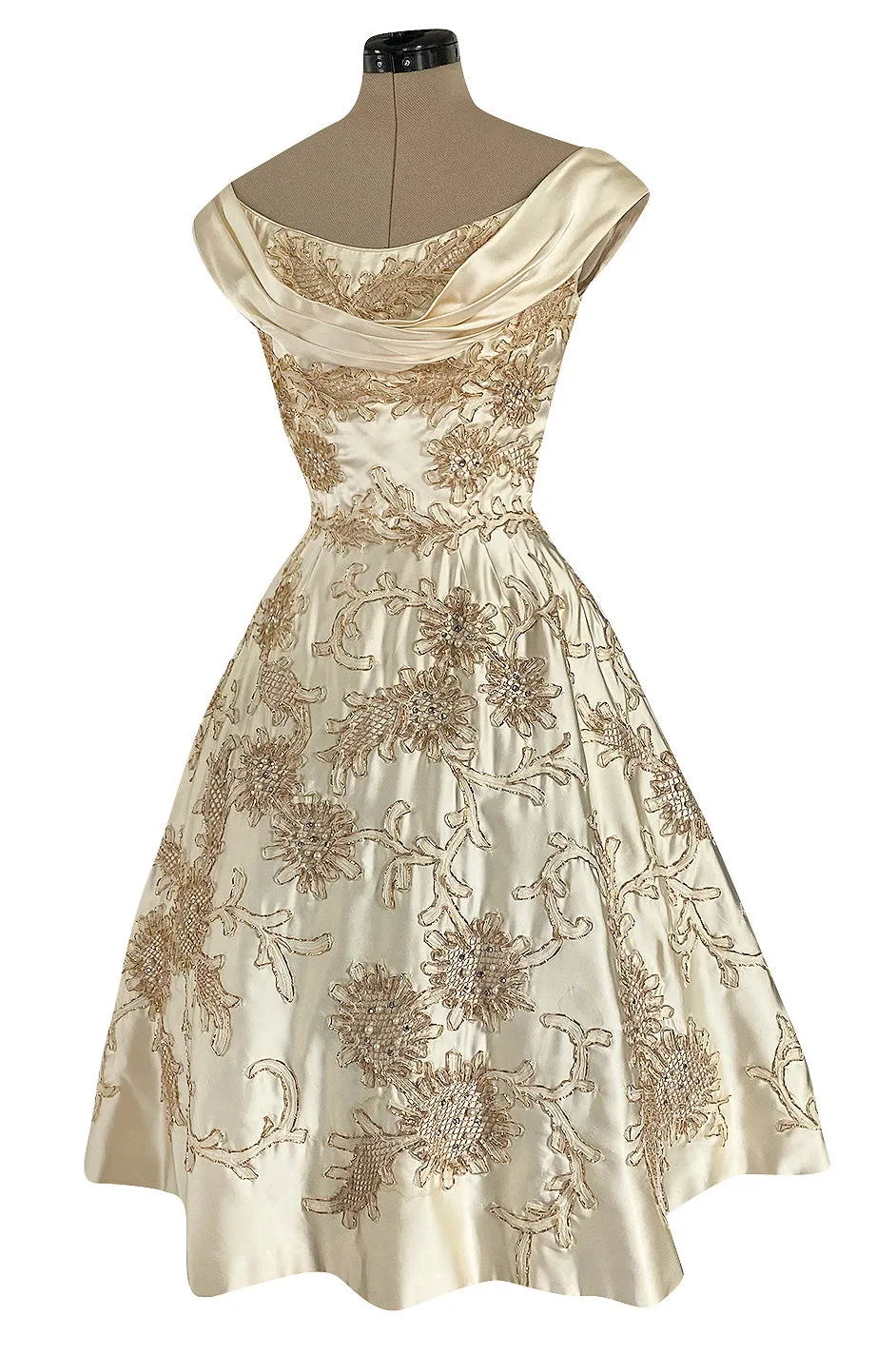 Incredible 1950s Ceil Chapman Ivory Silk Satin Dress w Gold Metal Ribbon Detailing