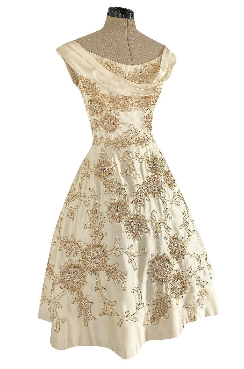 Incredible 1950s Ceil Chapman Ivory Silk Satin Dress w Gold Metal Ribbon Detailing