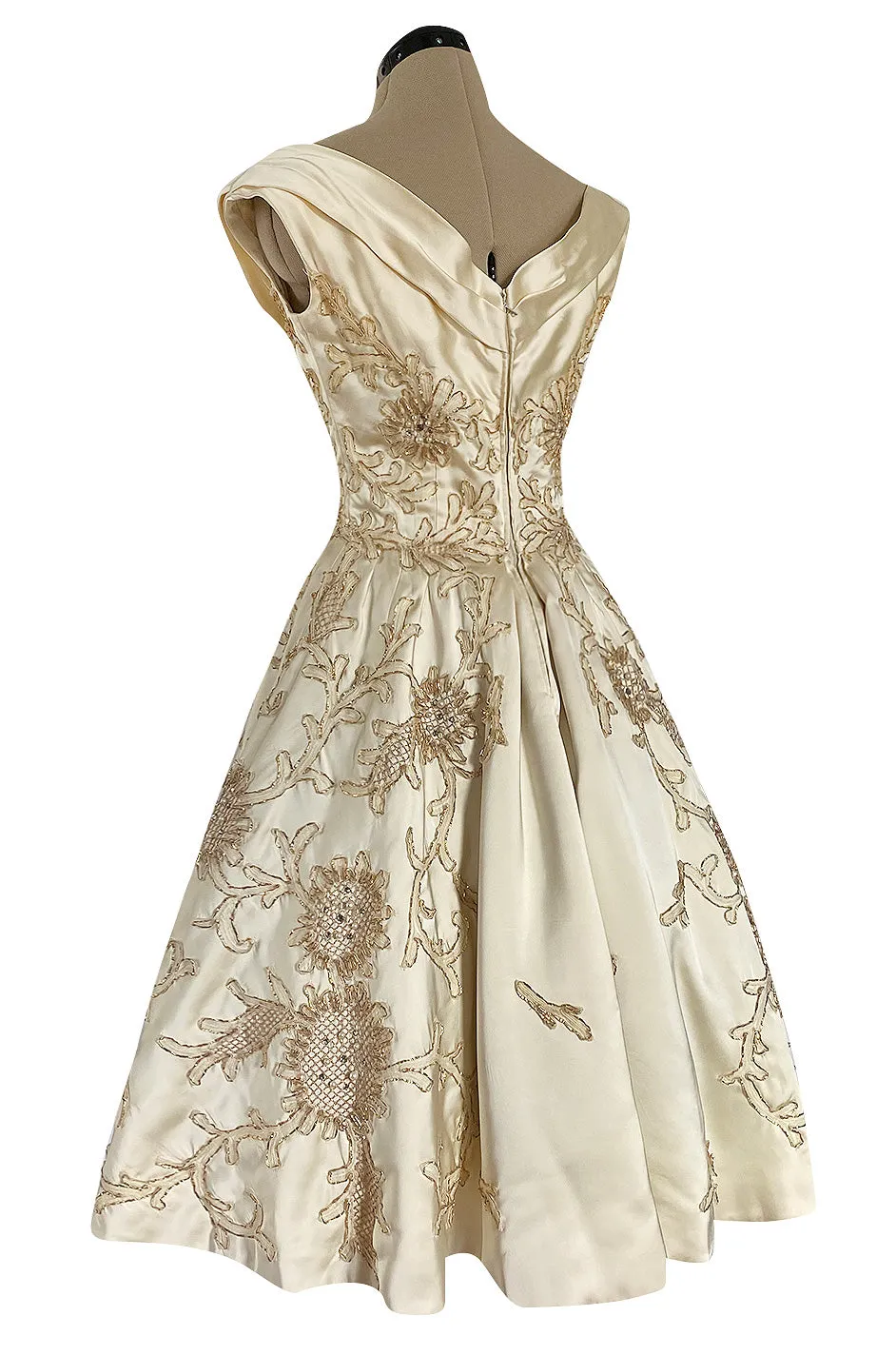 Incredible 1950s Ceil Chapman Ivory Silk Satin Dress w Gold Metal Ribbon Detailing