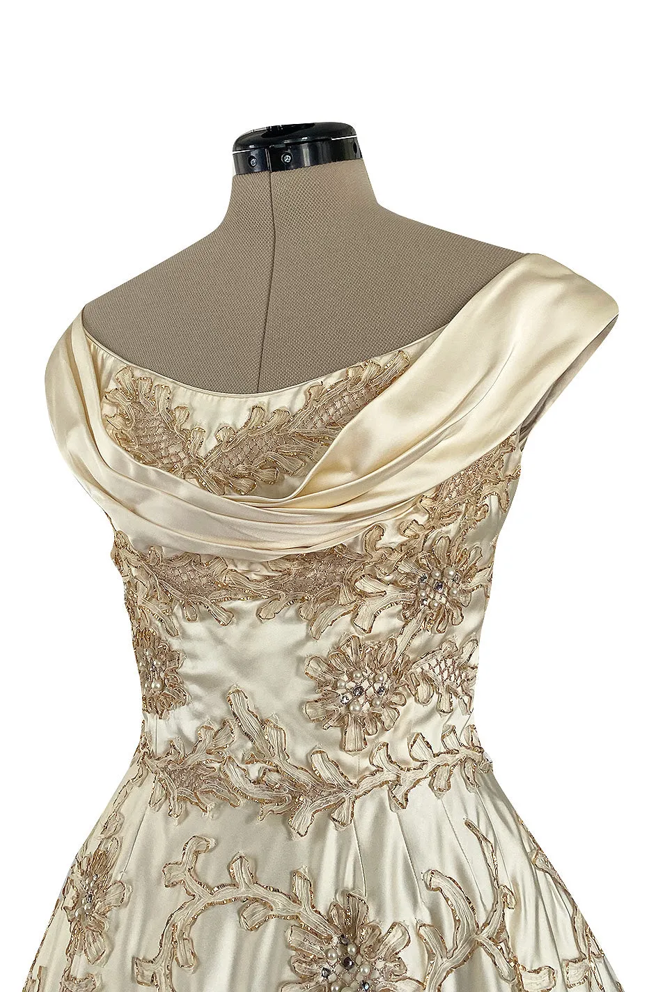 Incredible 1950s Ceil Chapman Ivory Silk Satin Dress w Gold Metal Ribbon Detailing