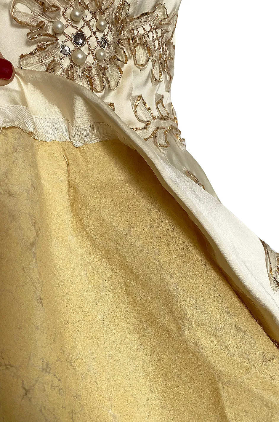 Incredible 1950s Ceil Chapman Ivory Silk Satin Dress w Gold Metal Ribbon Detailing