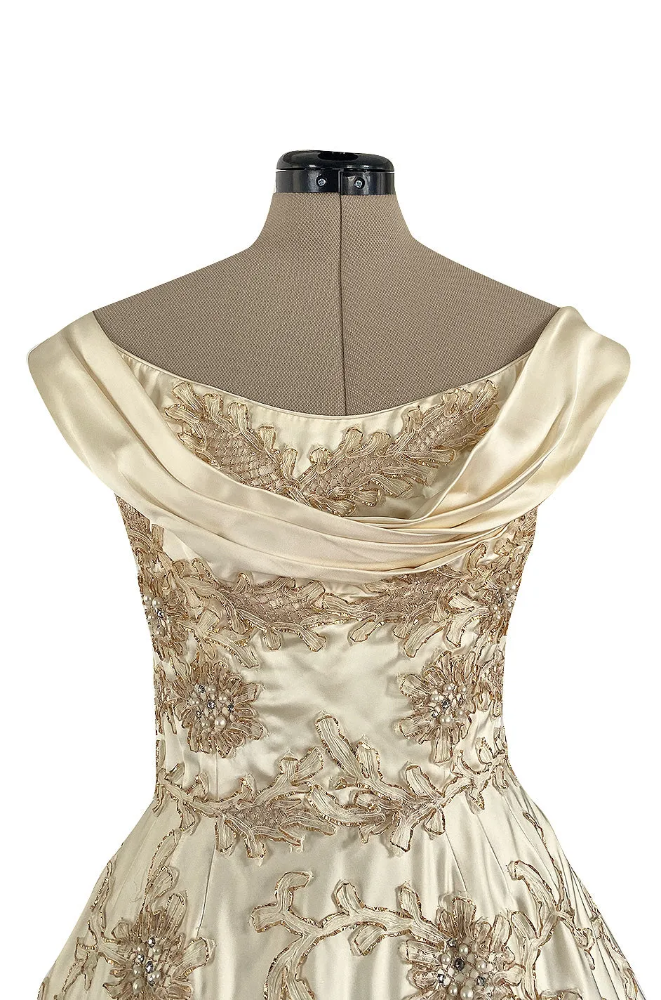 Incredible 1950s Ceil Chapman Ivory Silk Satin Dress w Gold Metal Ribbon Detailing