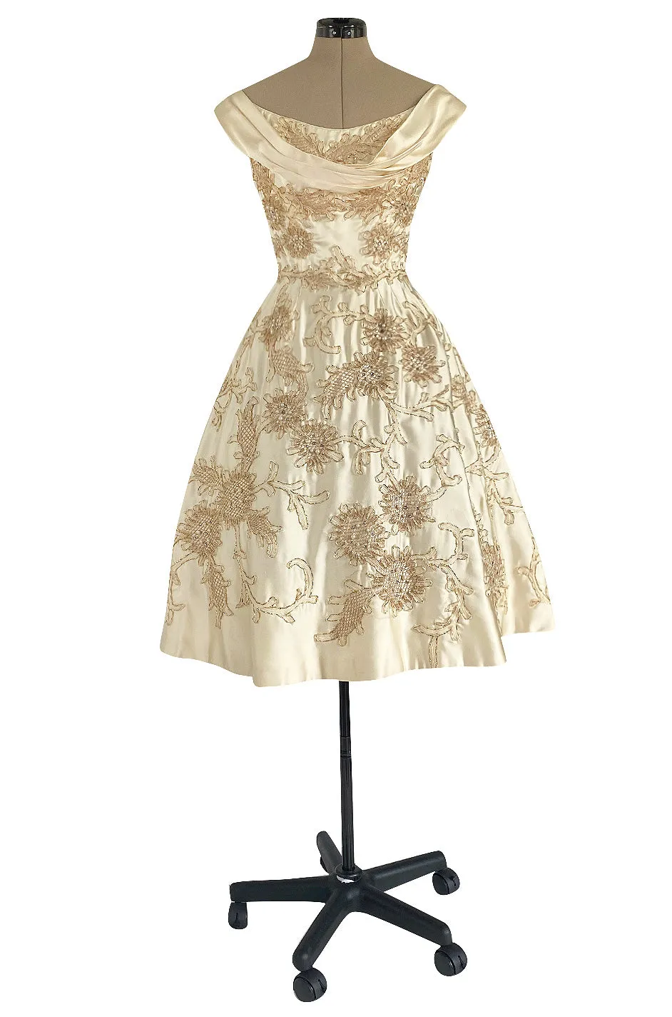 Incredible 1950s Ceil Chapman Ivory Silk Satin Dress w Gold Metal Ribbon Detailing