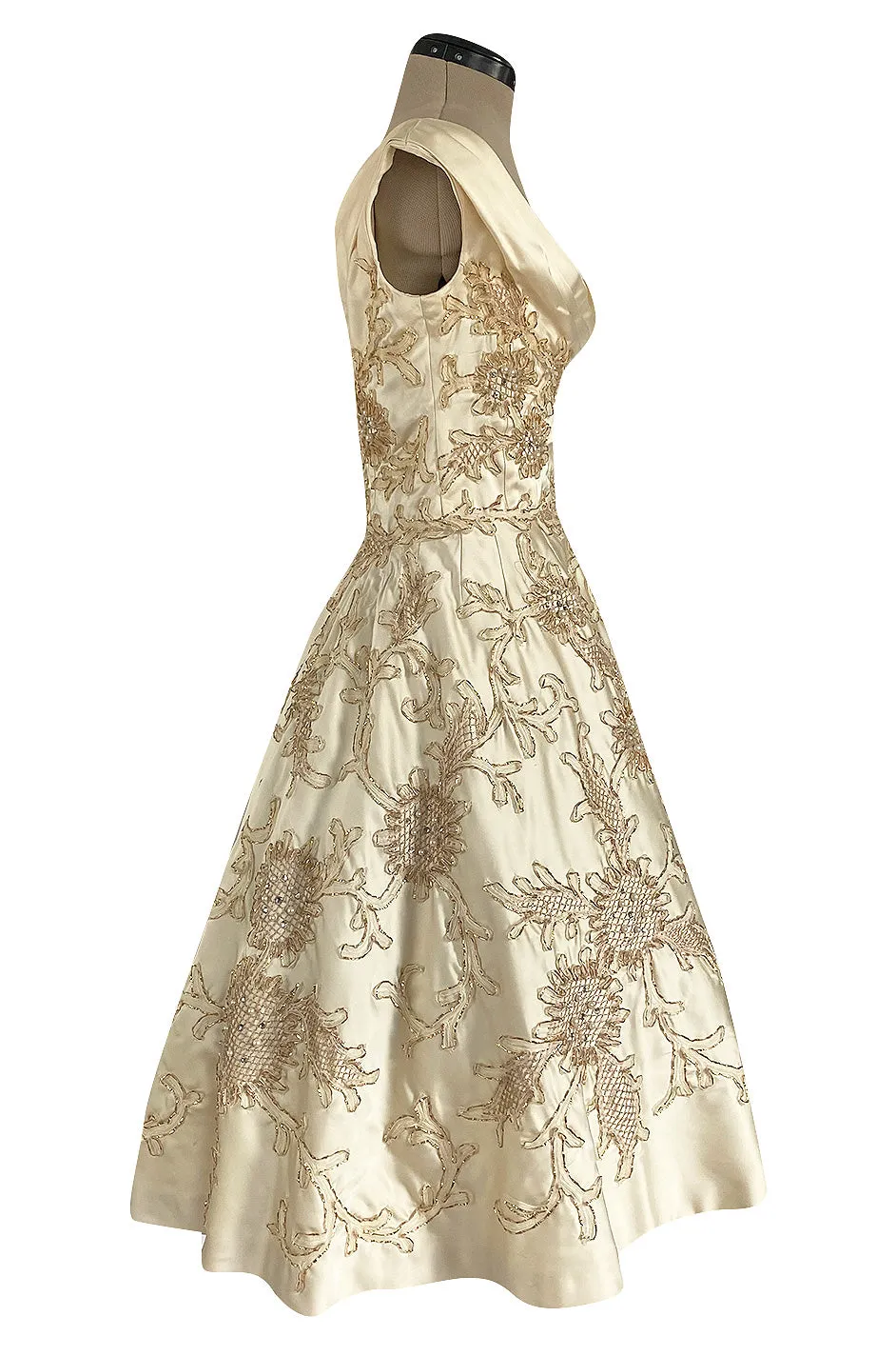 Incredible 1950s Ceil Chapman Ivory Silk Satin Dress w Gold Metal Ribbon Detailing