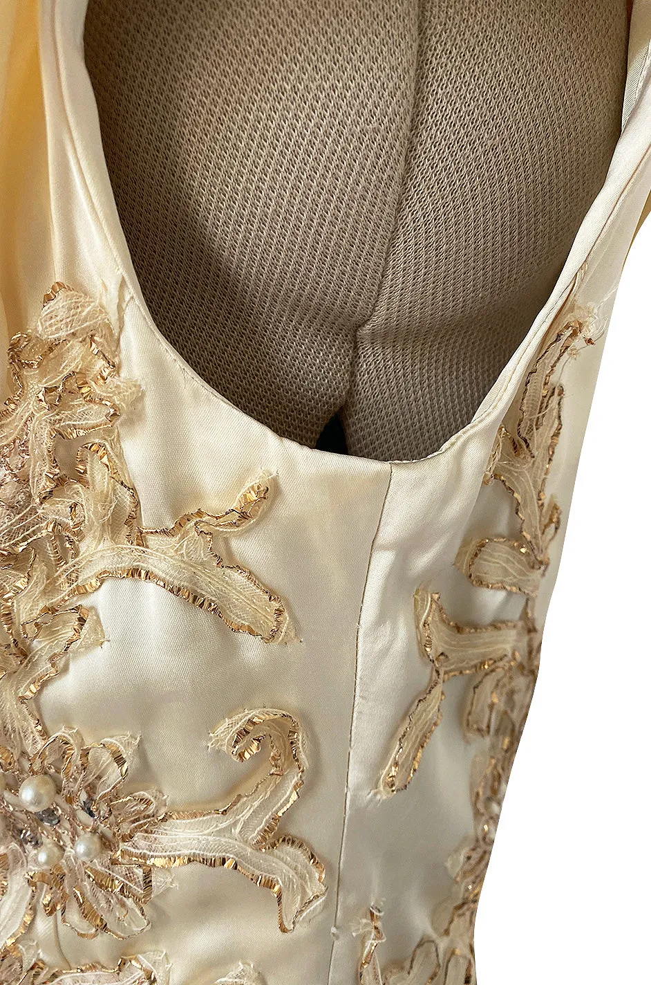 Incredible 1950s Ceil Chapman Ivory Silk Satin Dress w Gold Metal Ribbon Detailing