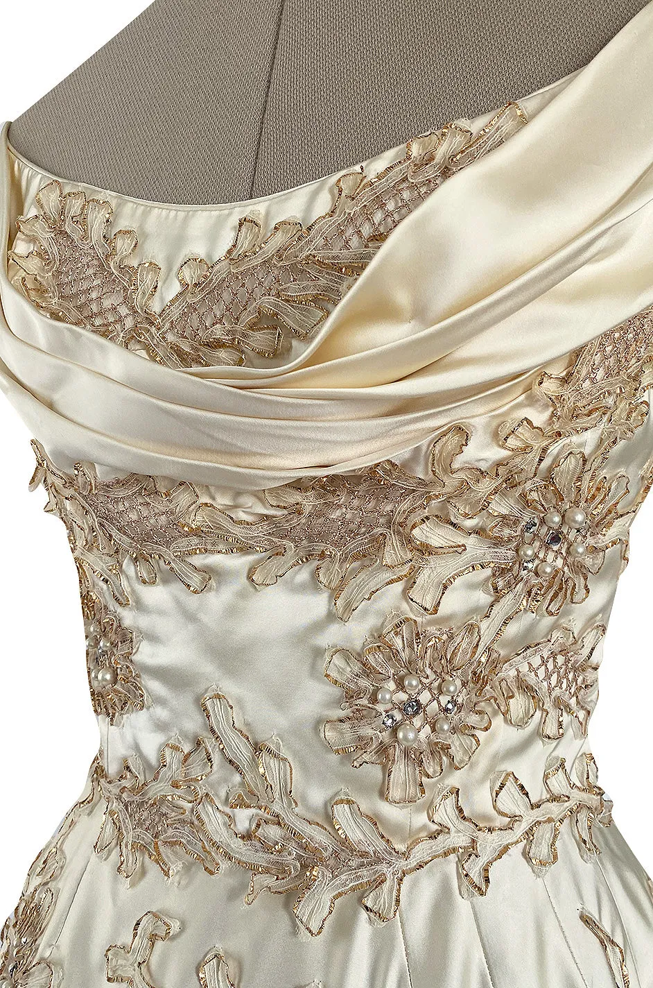 Incredible 1950s Ceil Chapman Ivory Silk Satin Dress w Gold Metal Ribbon Detailing