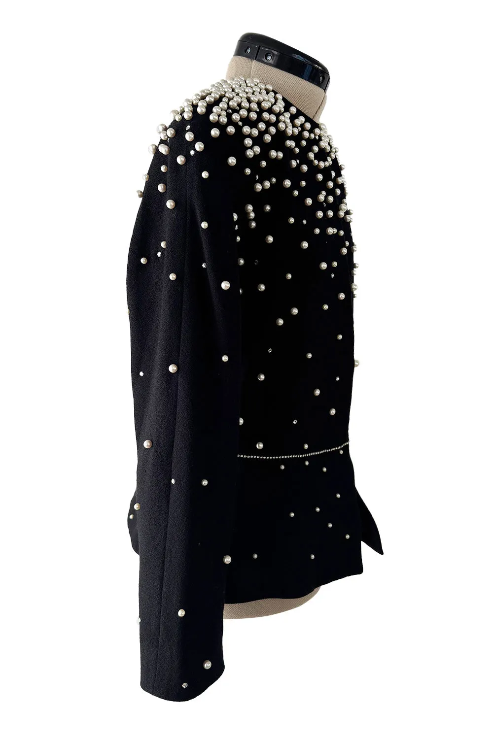 Incredible 1980s Givenchy Black Crepe Jacket w Pearl & Rhinestone Applique