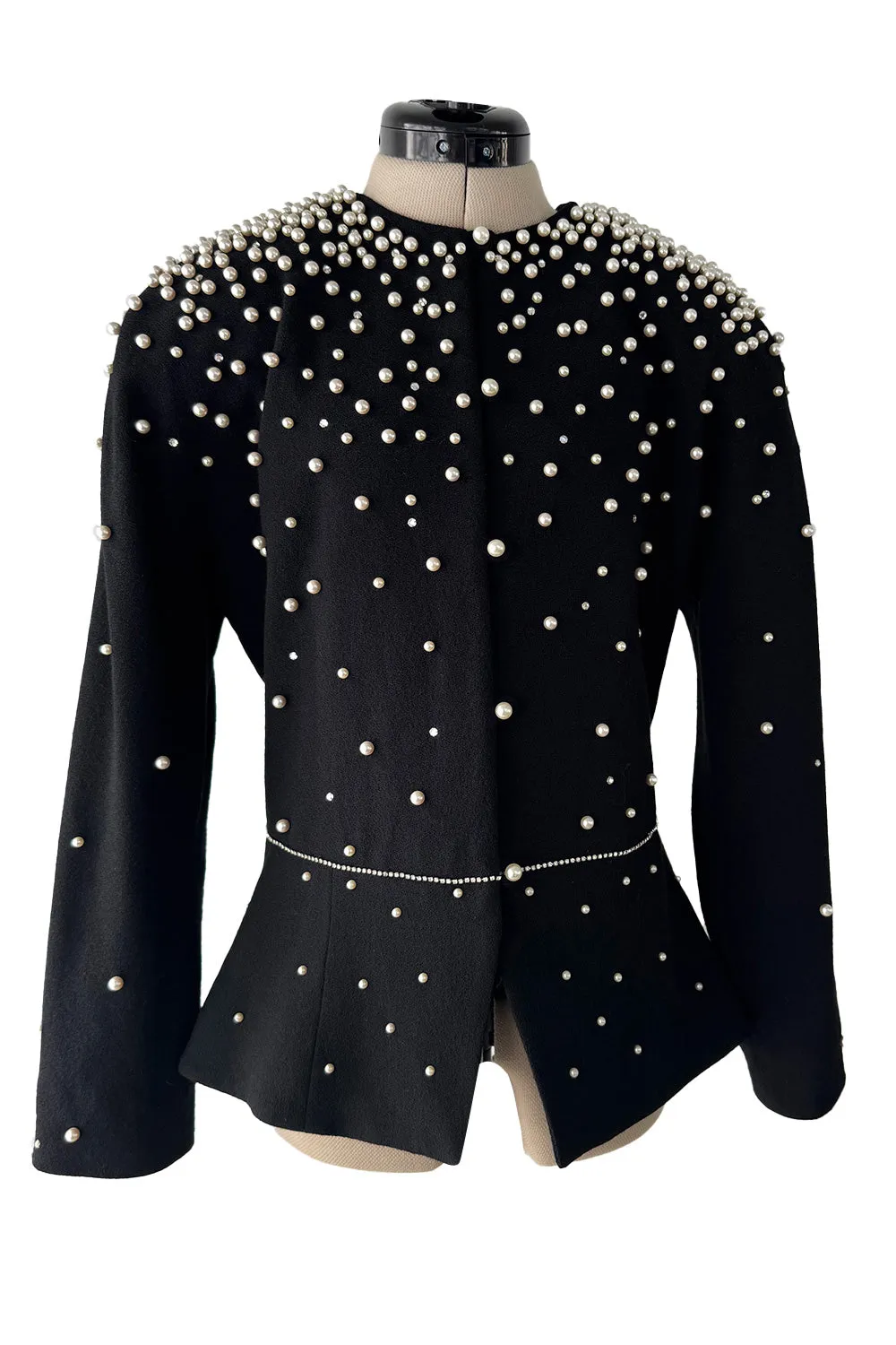 Incredible 1980s Givenchy Black Crepe Jacket w Pearl & Rhinestone Applique