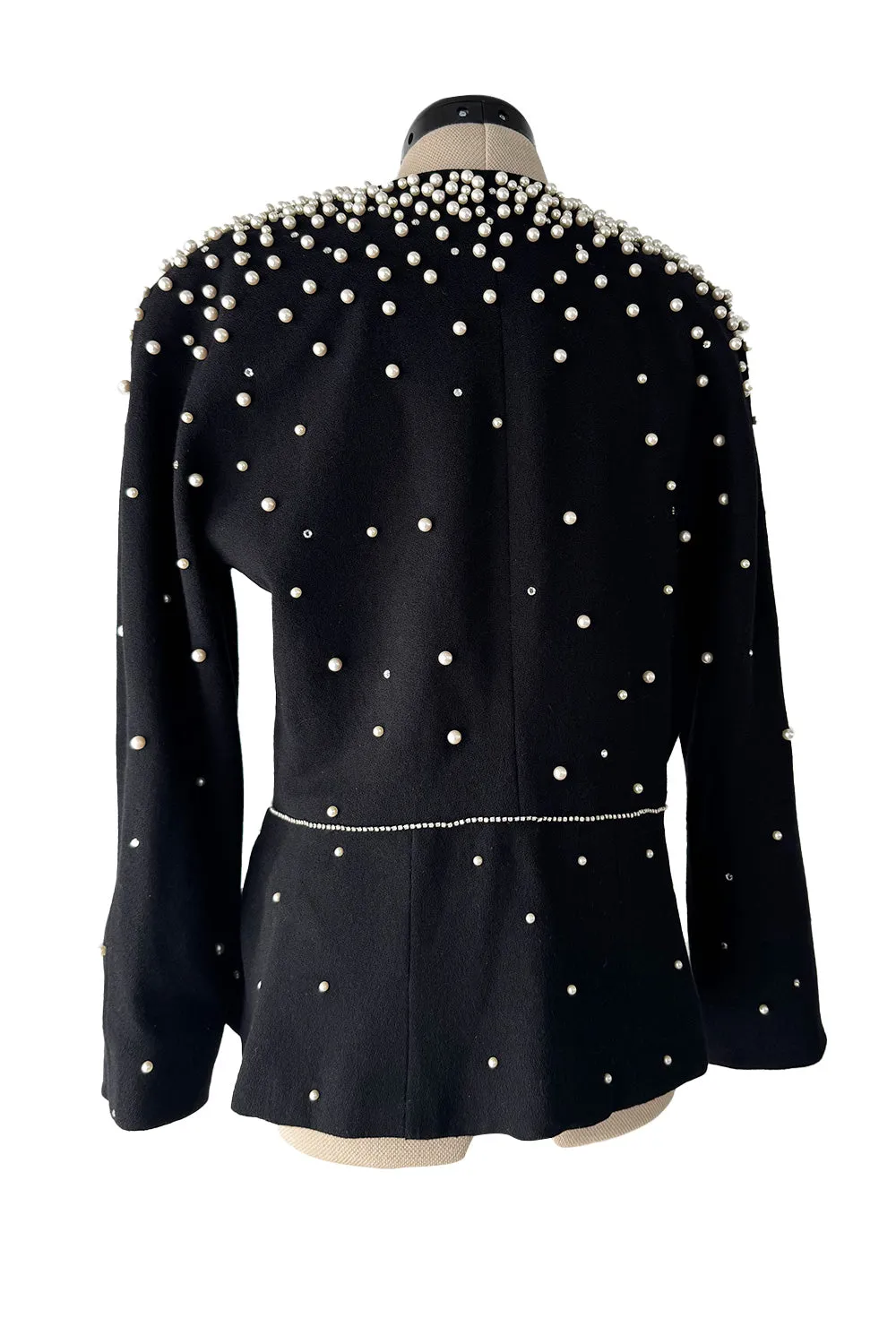 Incredible 1980s Givenchy Black Crepe Jacket w Pearl & Rhinestone Applique