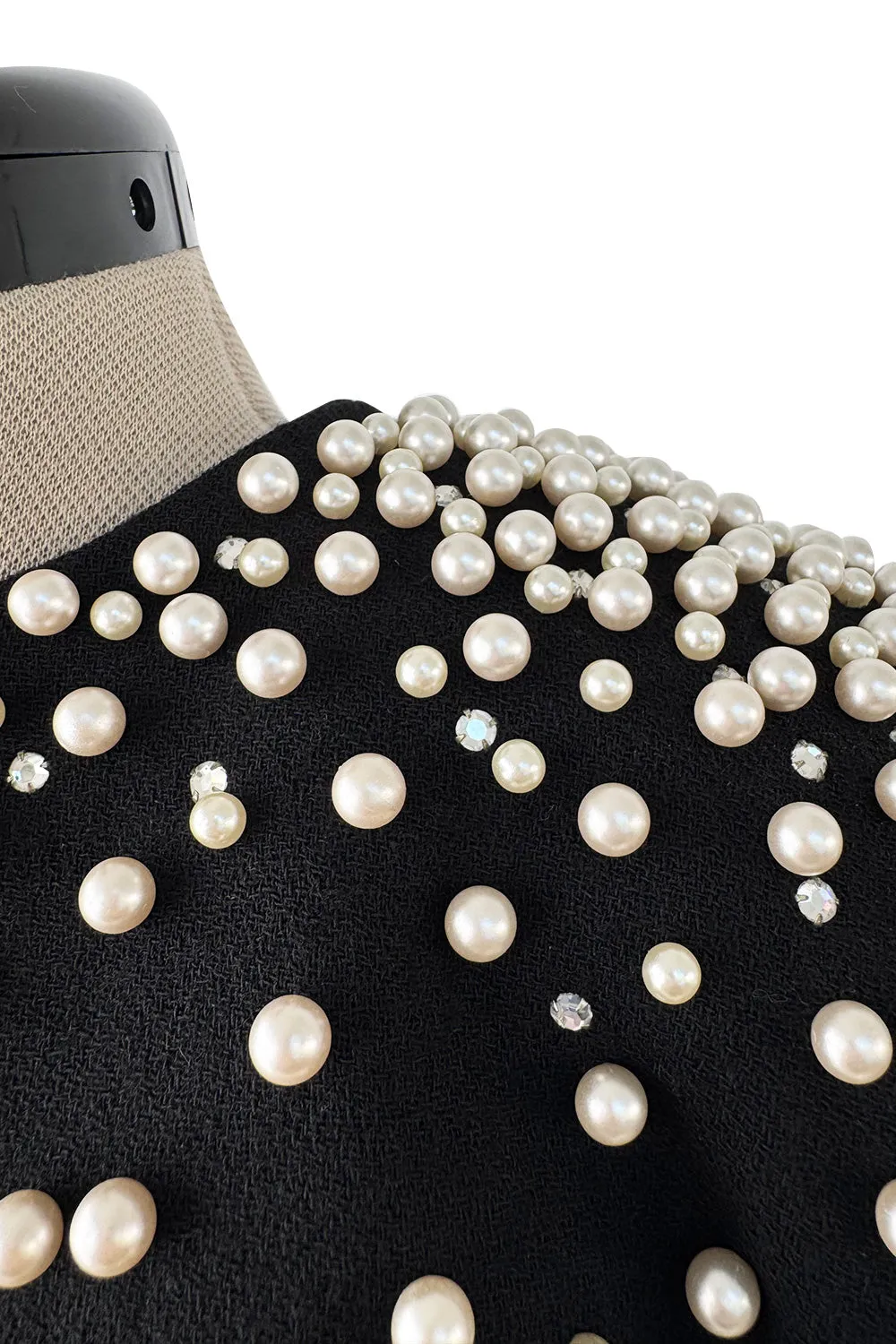Incredible 1980s Givenchy Black Crepe Jacket w Pearl & Rhinestone Applique