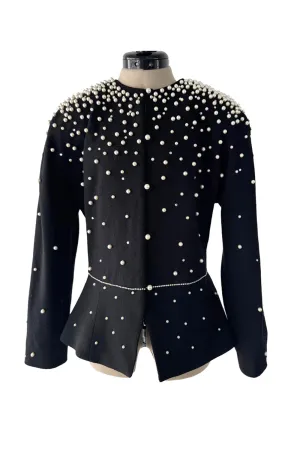 Incredible 1980s Givenchy Black Crepe Jacket w Pearl & Rhinestone Applique