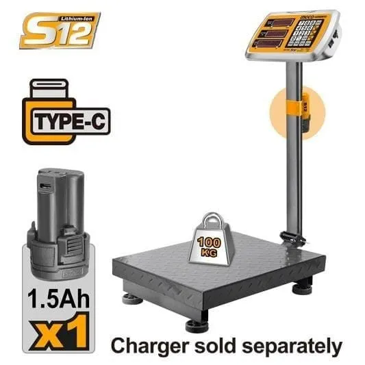 Ingco Cordless 100kg Lithium-Ion Scale with 12V 1.5Ah Battery – CES1302