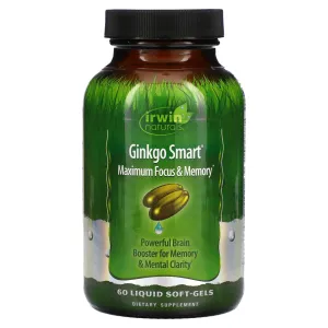 Irwin Naturals Ginkgo Smart Maximum Focus & Memory Dietary Supplement Liquid Gel Caps, 60-Count Bottles
