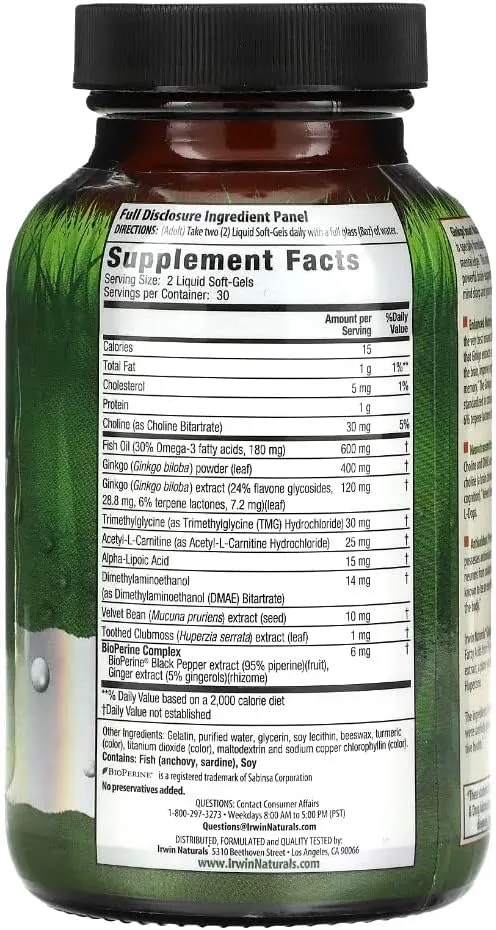 Irwin Naturals Ginkgo Smart Maximum Focus & Memory Dietary Supplement Liquid Gel Caps, 60-Count Bottles