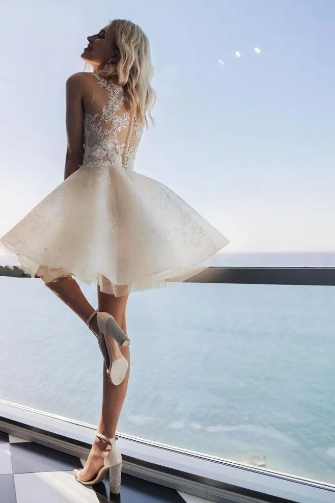 Ivory Sleeveless Lace Puffy Flowers Homecoming Dress