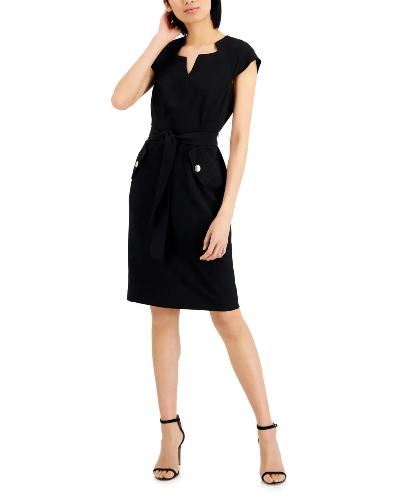 Kasper Womens Short Sleeve Belted Sheath Dress 10824696 Black 12