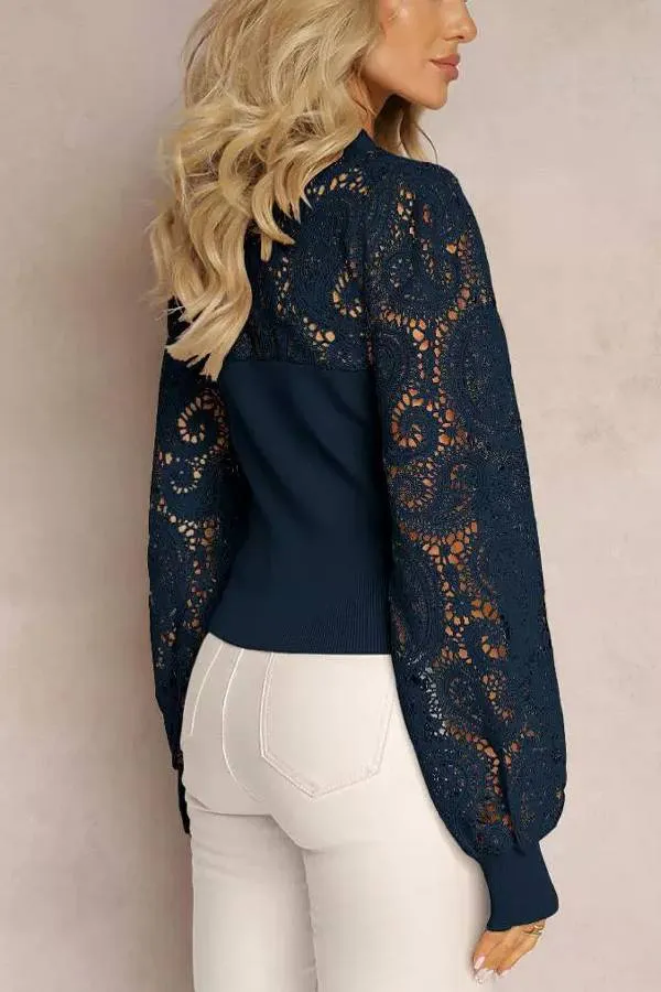 Lace stitching high-end temperament intellectual style hollow long sleeves