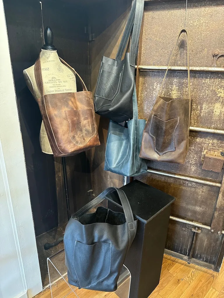 LARGE BUCKET TOTE BLUE/GRAY Handmade Leather Handbag YB8
