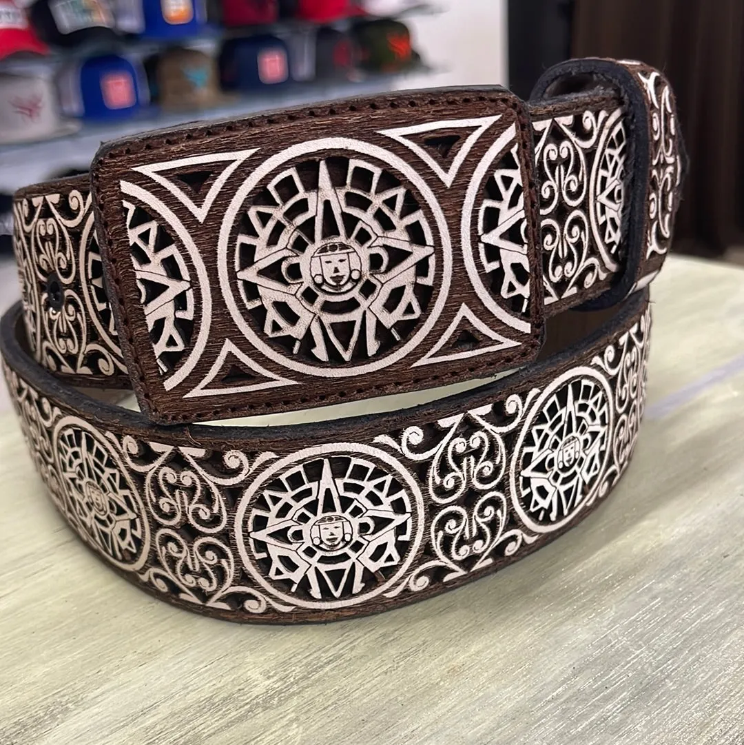 Laser Cut Belt-Aztec Vines/Dark Brown