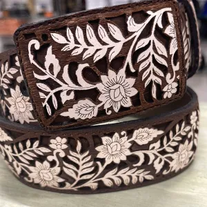 Laser Cut Belt- Flowers/Dark Brown