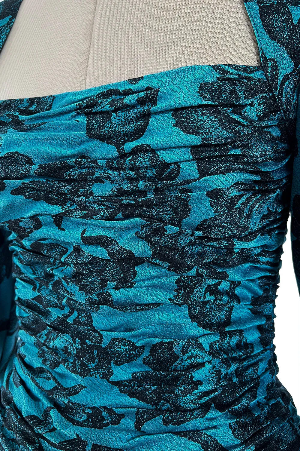 Late 1980s Emanuel Ungaro Teal Blue Printed Silk Mini Dress w Strong Shoulders