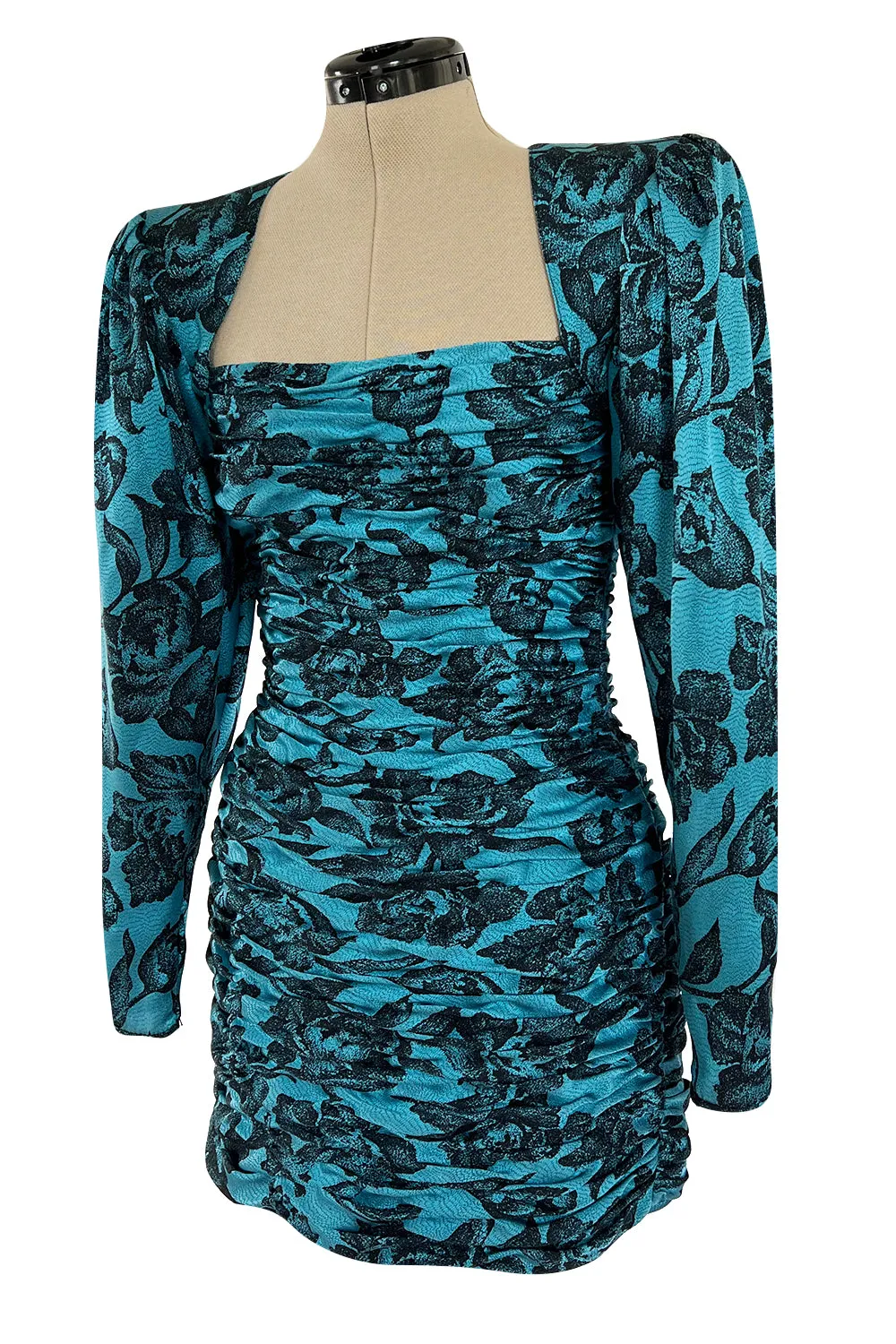 Late 1980s Emanuel Ungaro Teal Blue Printed Silk Mini Dress w Strong Shoulders
