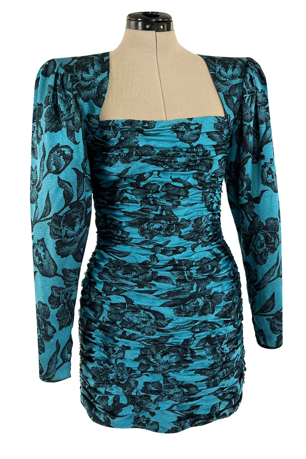 Late 1980s Emanuel Ungaro Teal Blue Printed Silk Mini Dress w Strong Shoulders