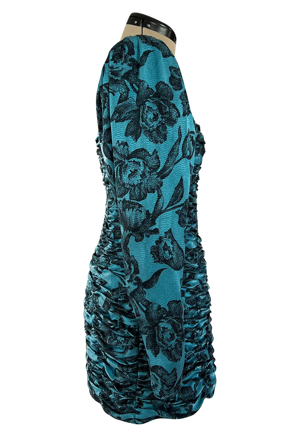 Late 1980s Emanuel Ungaro Teal Blue Printed Silk Mini Dress w Strong Shoulders