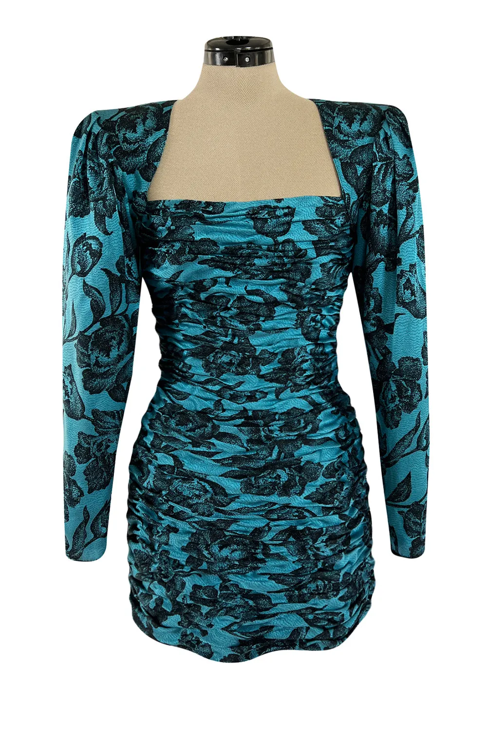 Late 1980s Emanuel Ungaro Teal Blue Printed Silk Mini Dress w Strong Shoulders