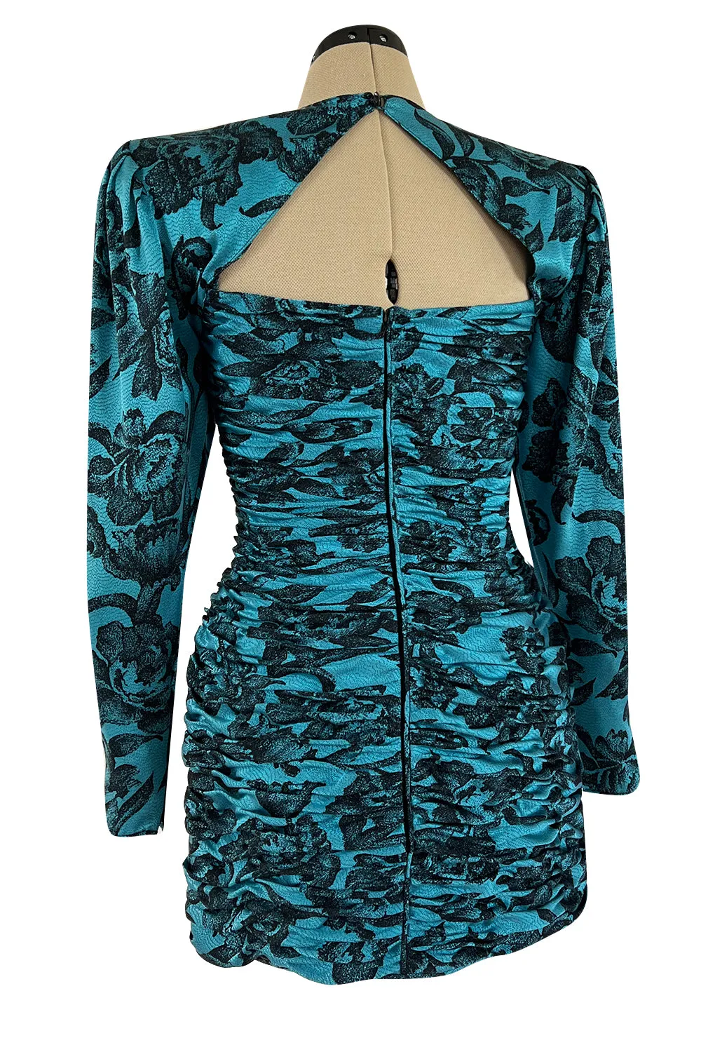 Late 1980s Emanuel Ungaro Teal Blue Printed Silk Mini Dress w Strong Shoulders