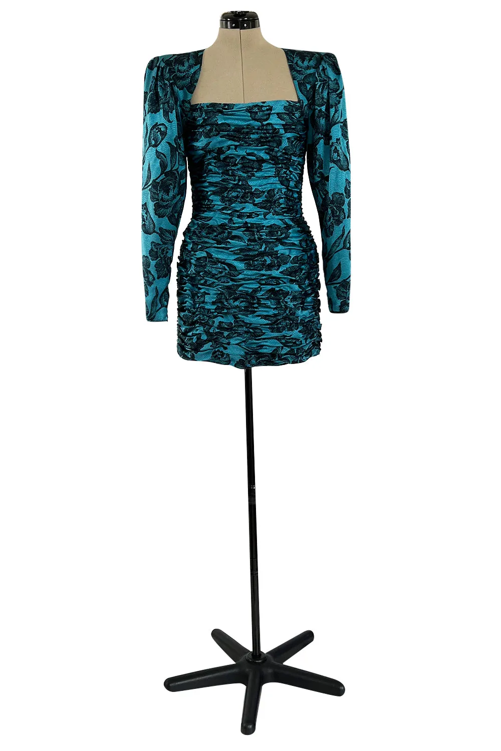 Late 1980s Emanuel Ungaro Teal Blue Printed Silk Mini Dress w Strong Shoulders