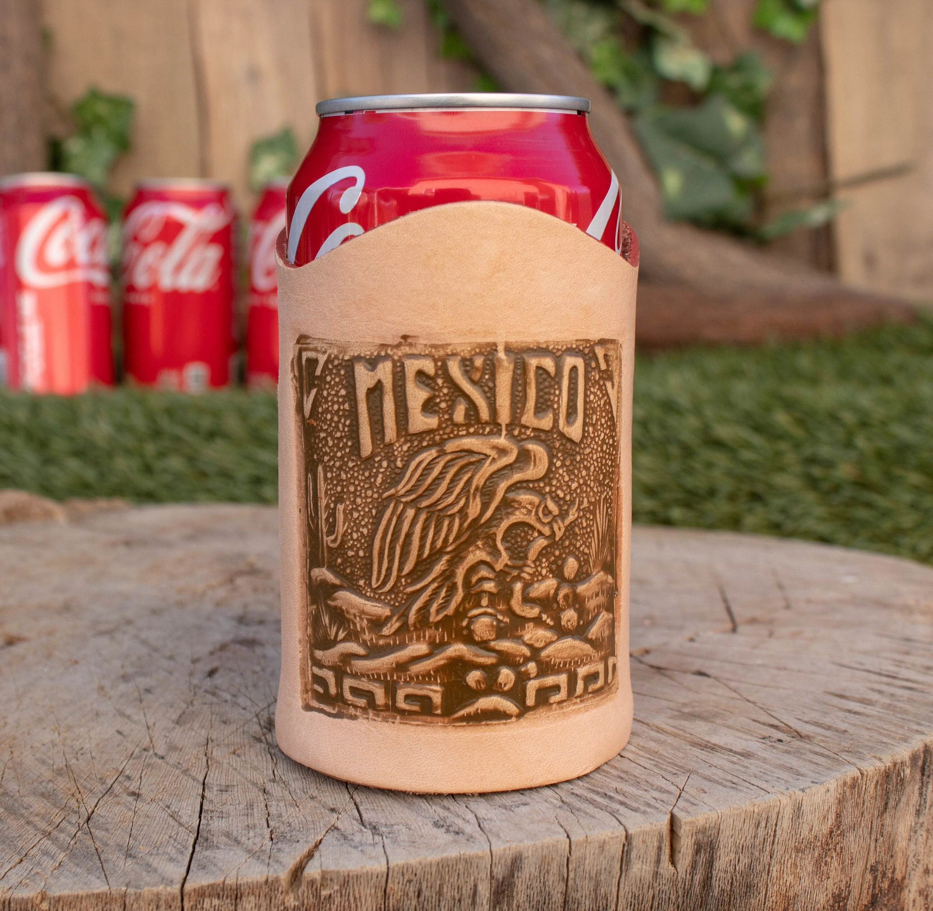 LEATHER aguila Mexico Mexican Eagle STAMPED BEER soda can cooler Holder Holster