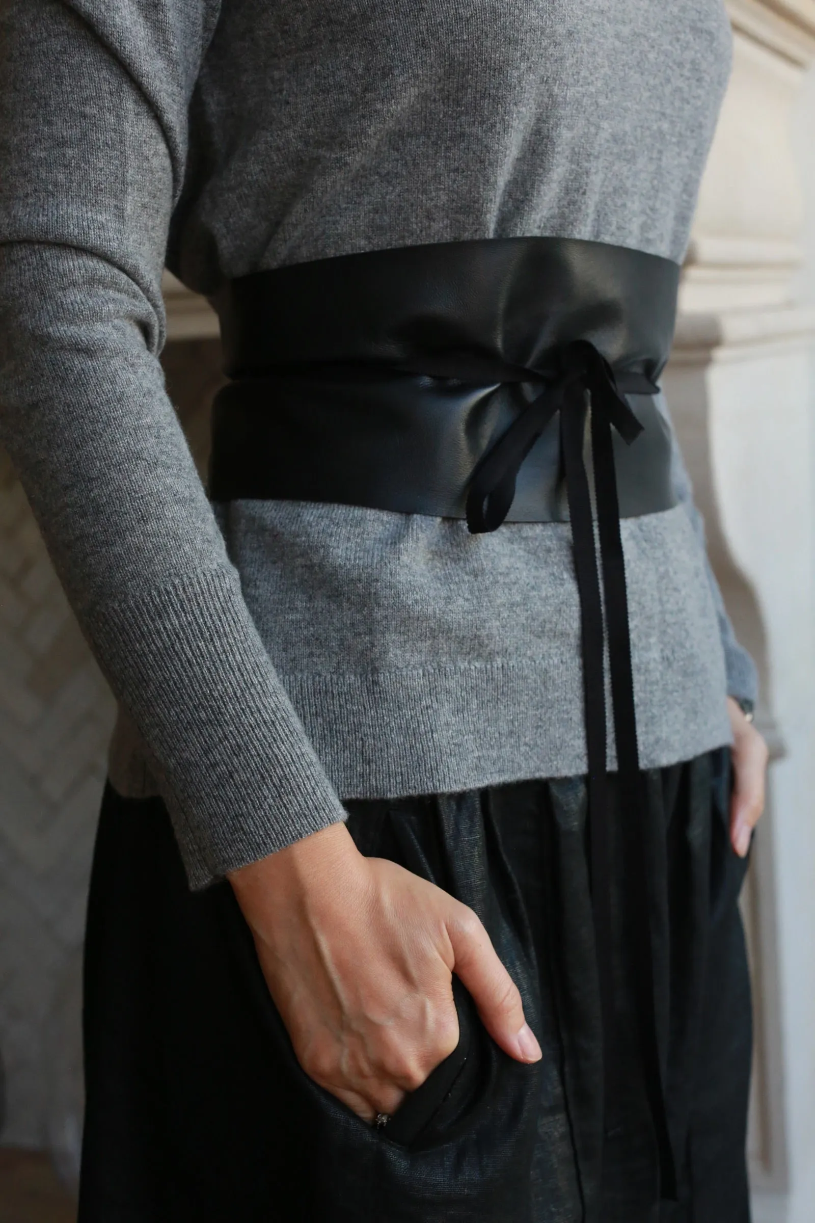 Leather Obi with Grosgrain Ribbon