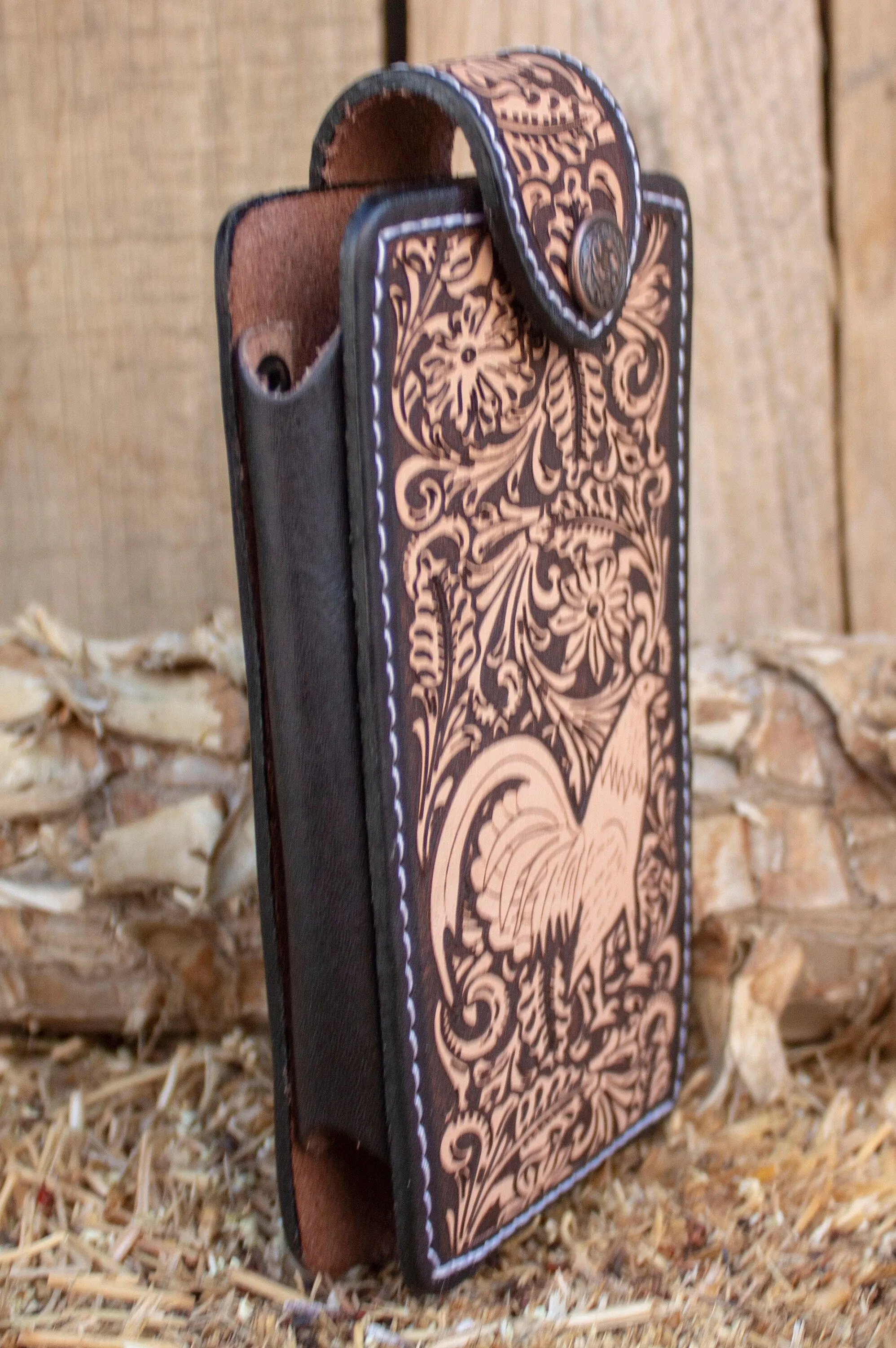LEATHER ROOSTER Gallo STAMPED western cowboy rodeo cell phone case pouch