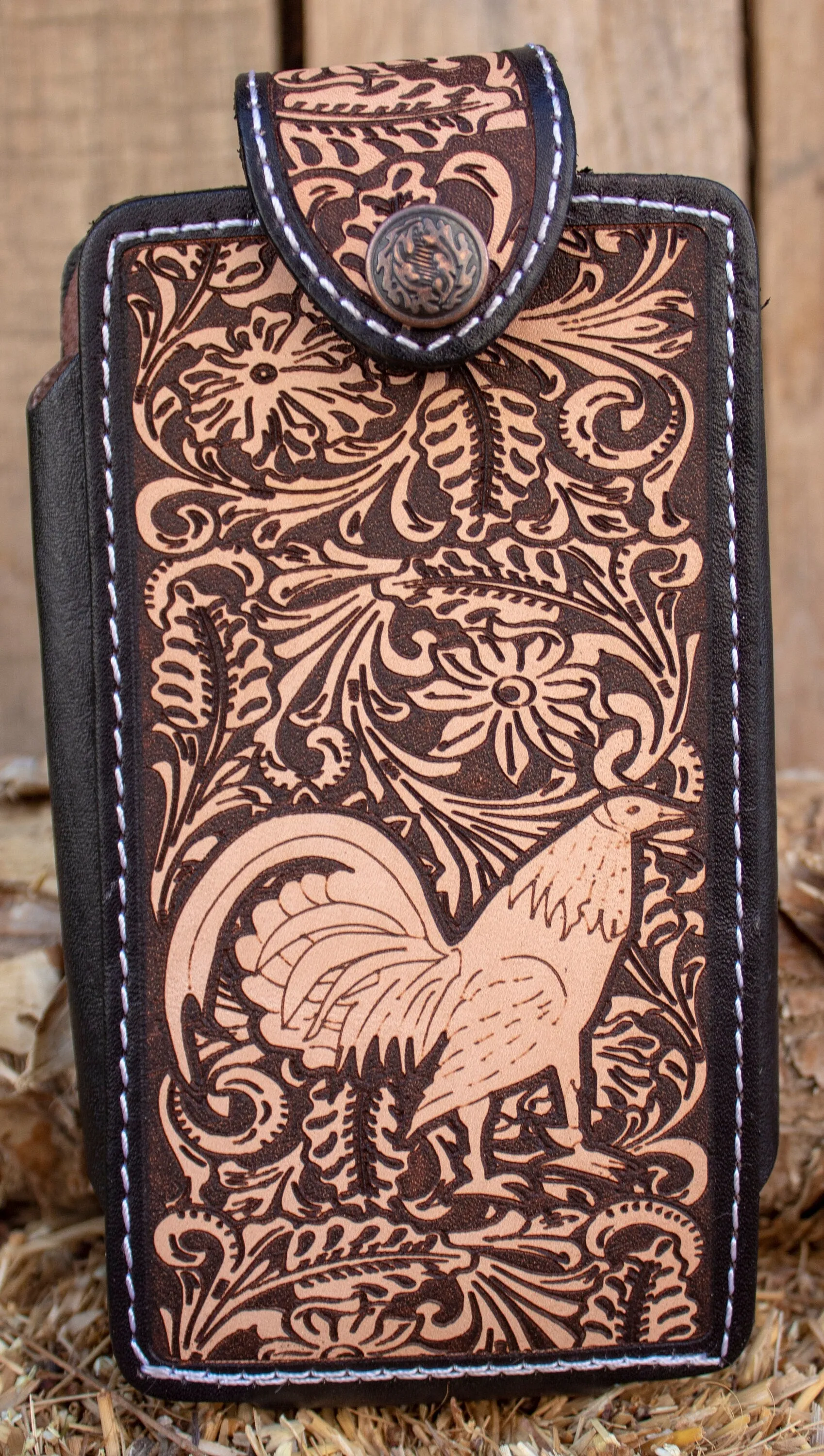 LEATHER ROOSTER Gallo STAMPED western cowboy rodeo cell phone case pouch