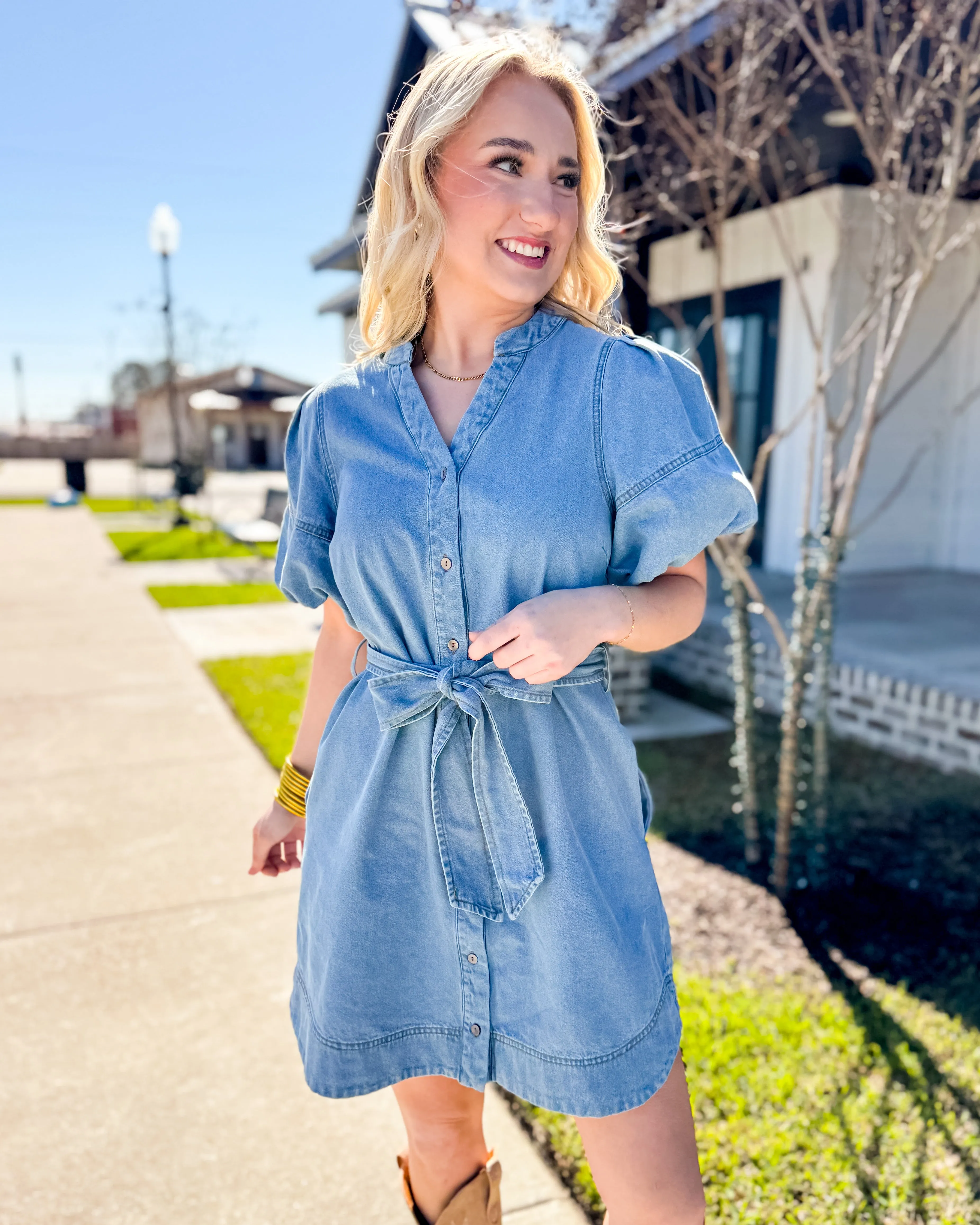 Light Denim Puff Sleeve Belted Dress