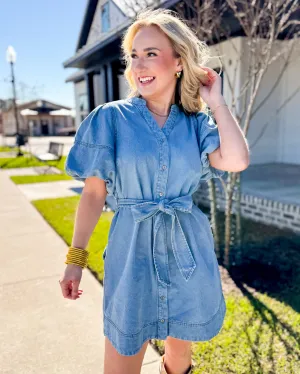 Light Denim Puff Sleeve Belted Dress