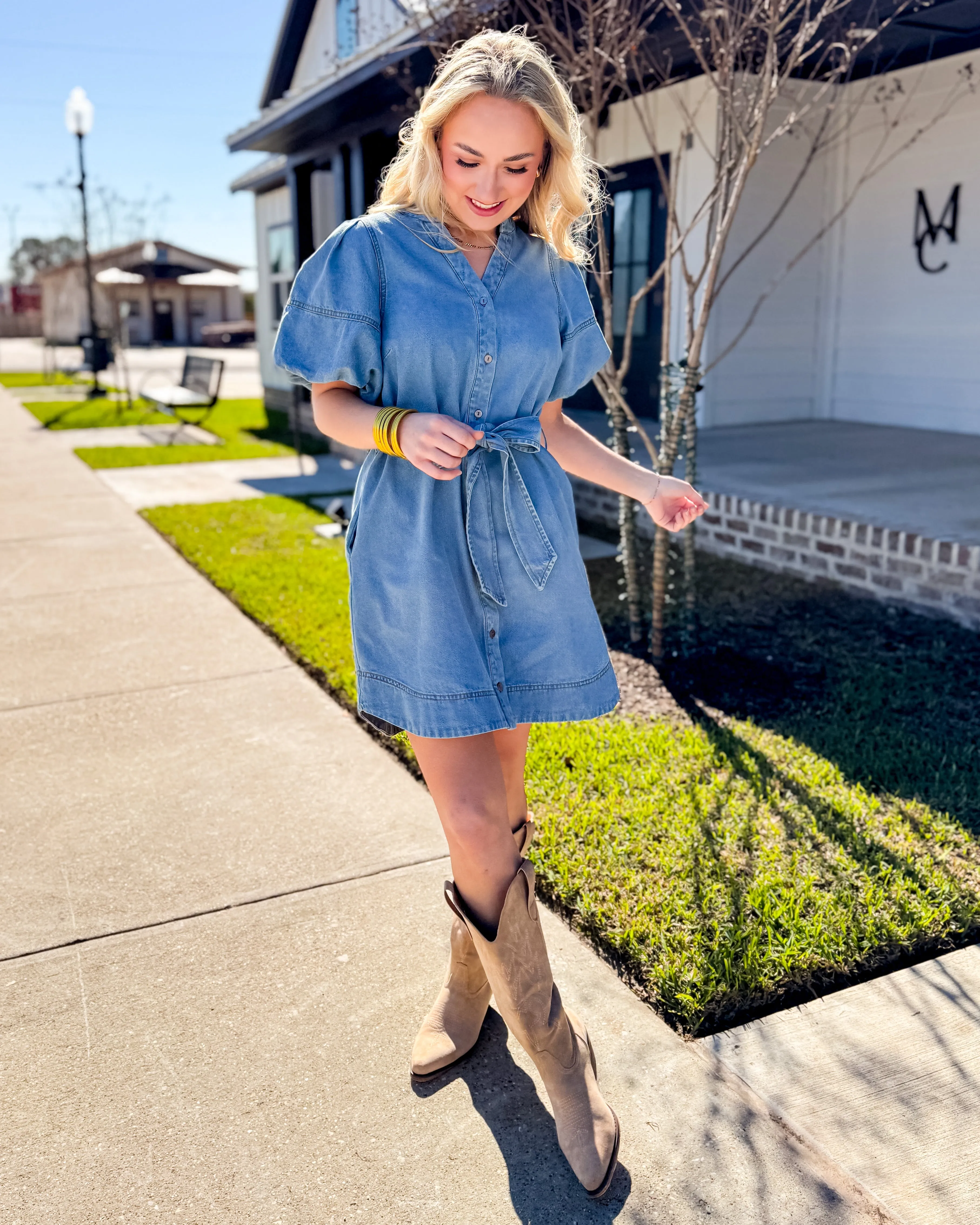Light Denim Puff Sleeve Belted Dress