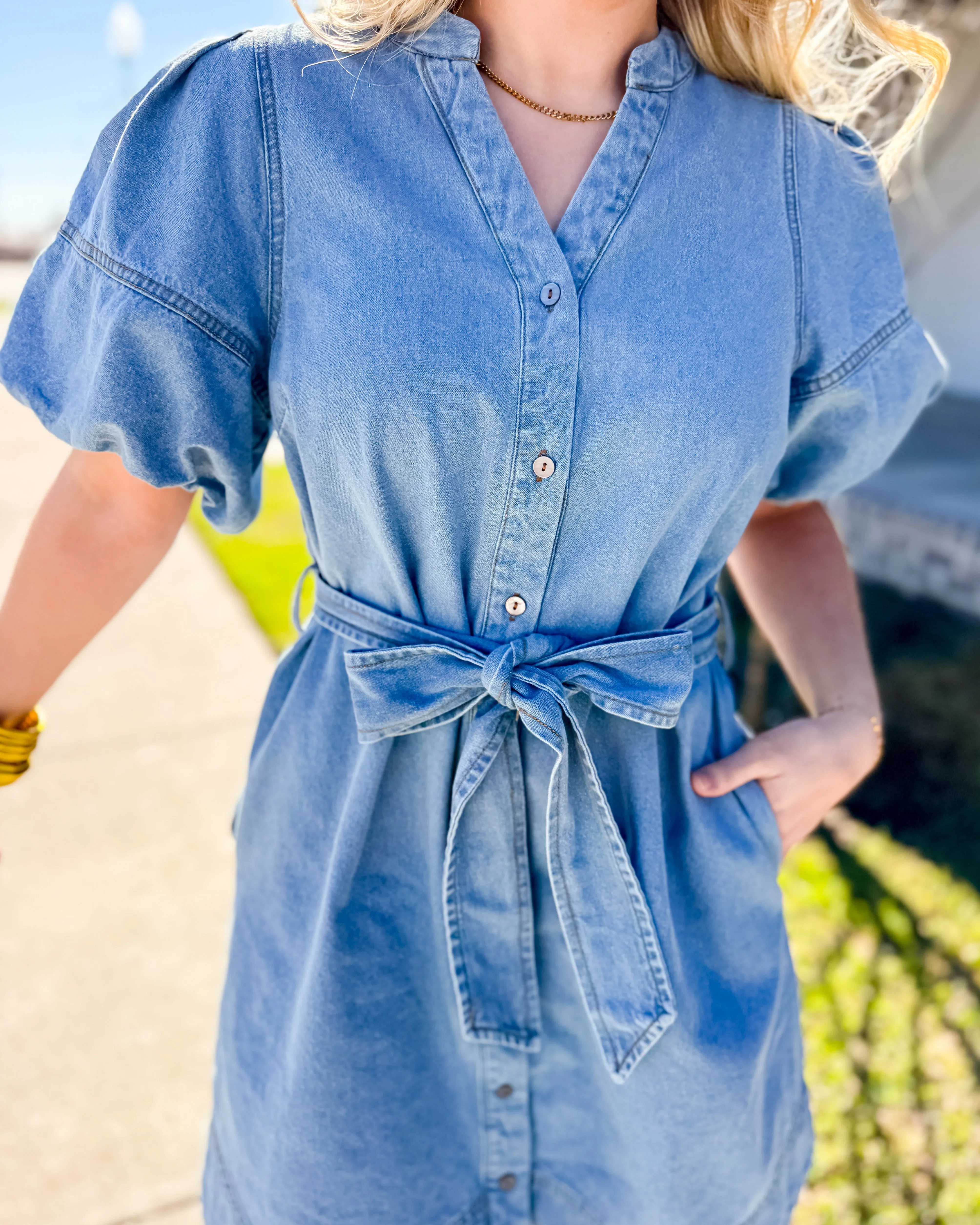 Light Denim Puff Sleeve Belted Dress