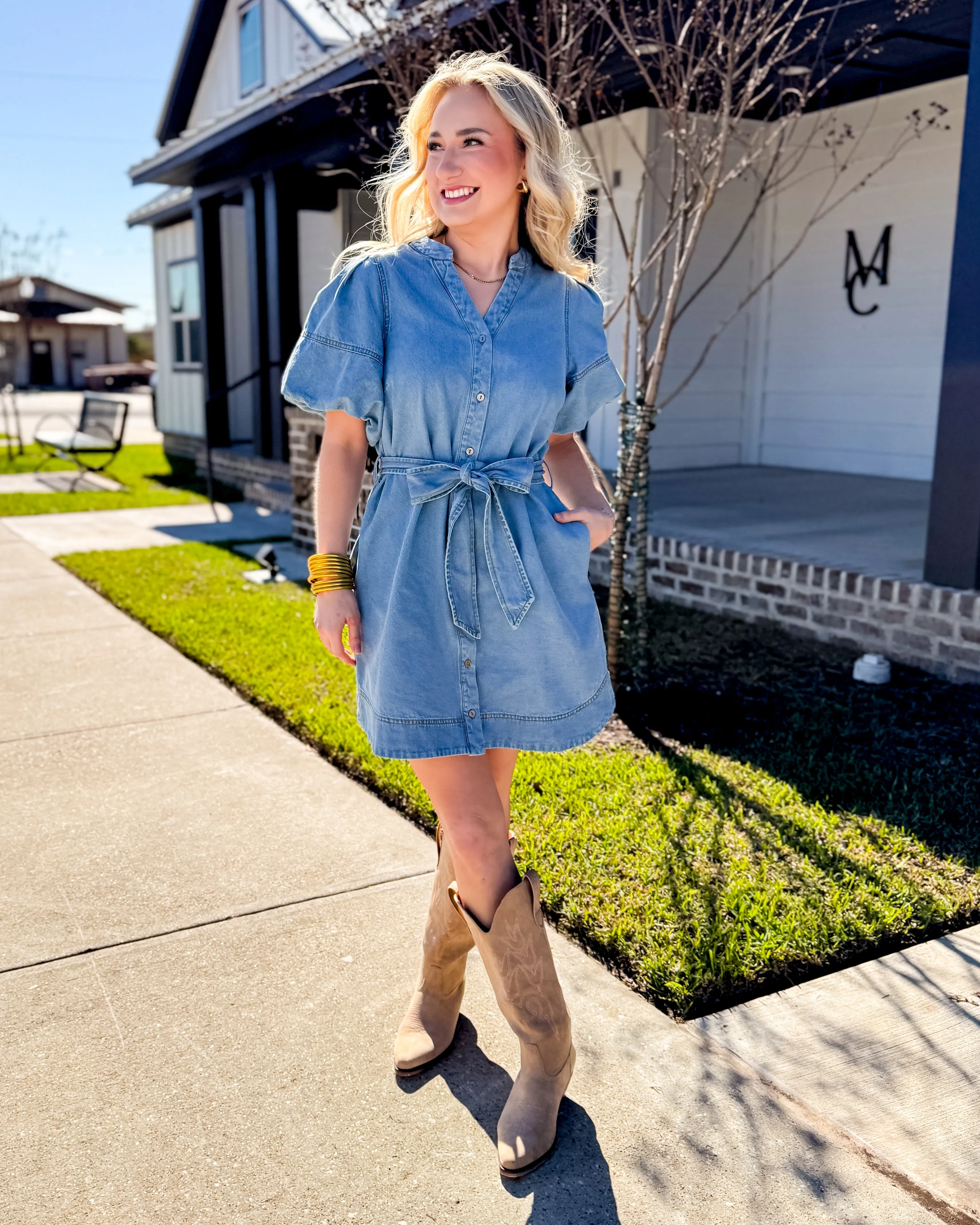 Light Denim Puff Sleeve Belted Dress