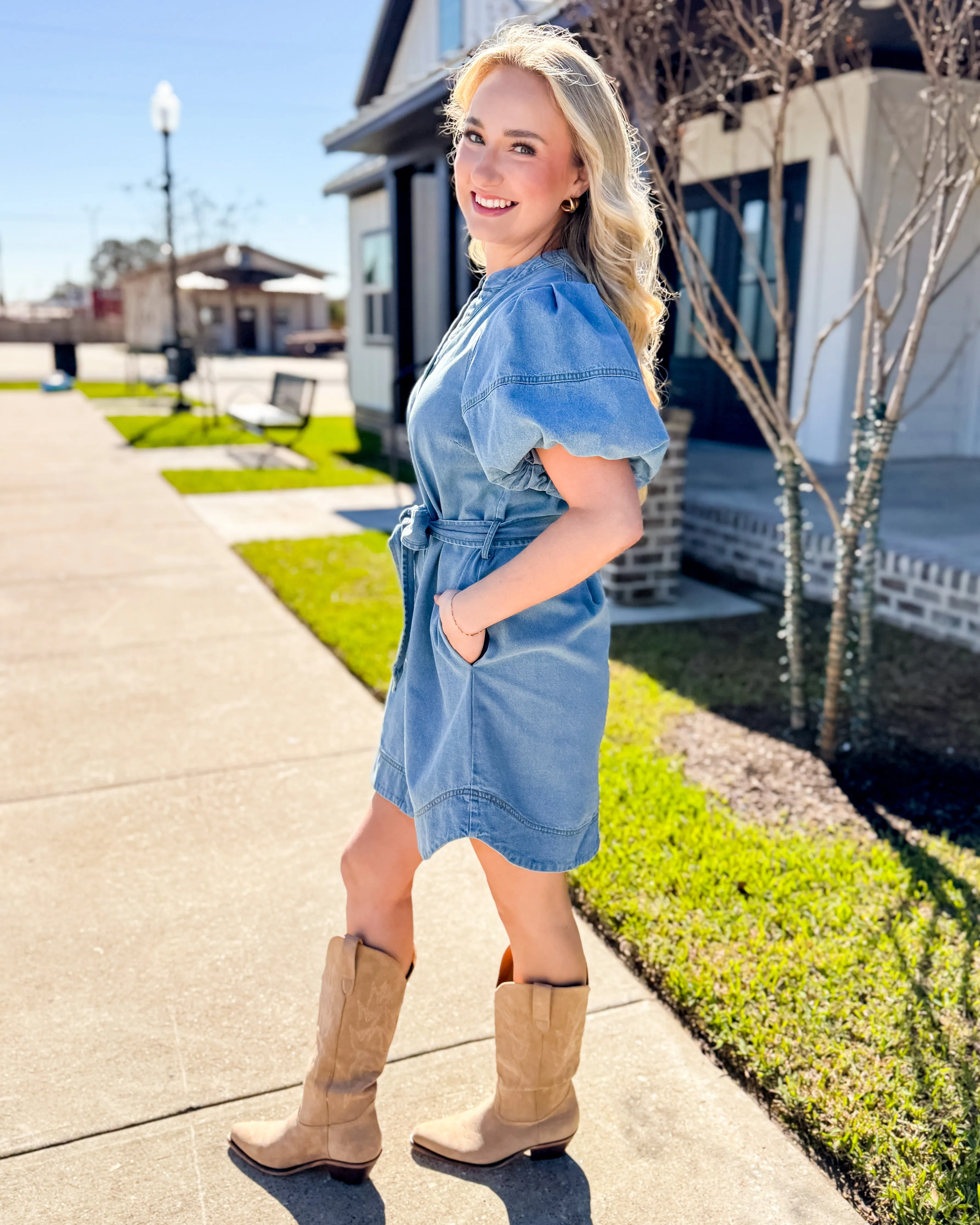 Light Denim Puff Sleeve Belted Dress