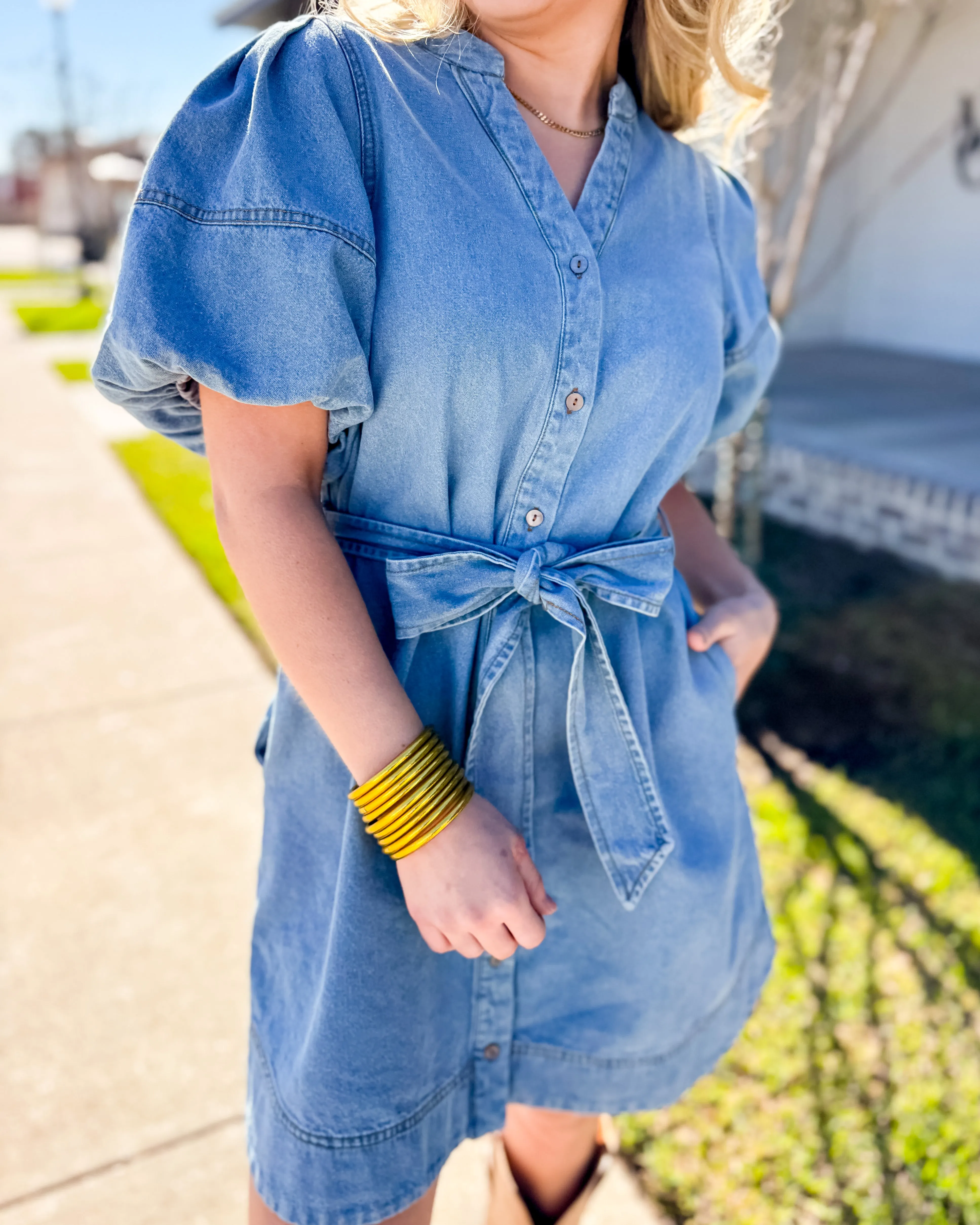 Light Denim Puff Sleeve Belted Dress