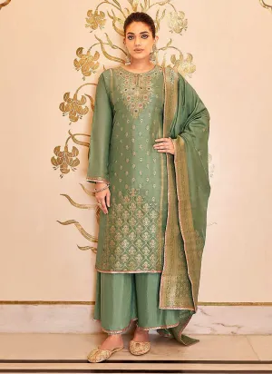 Light Green Designer Embroidered Palazzo Suit