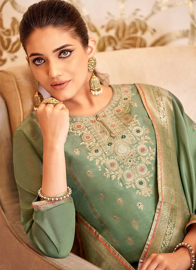 Light Green Designer Embroidered Palazzo Suit