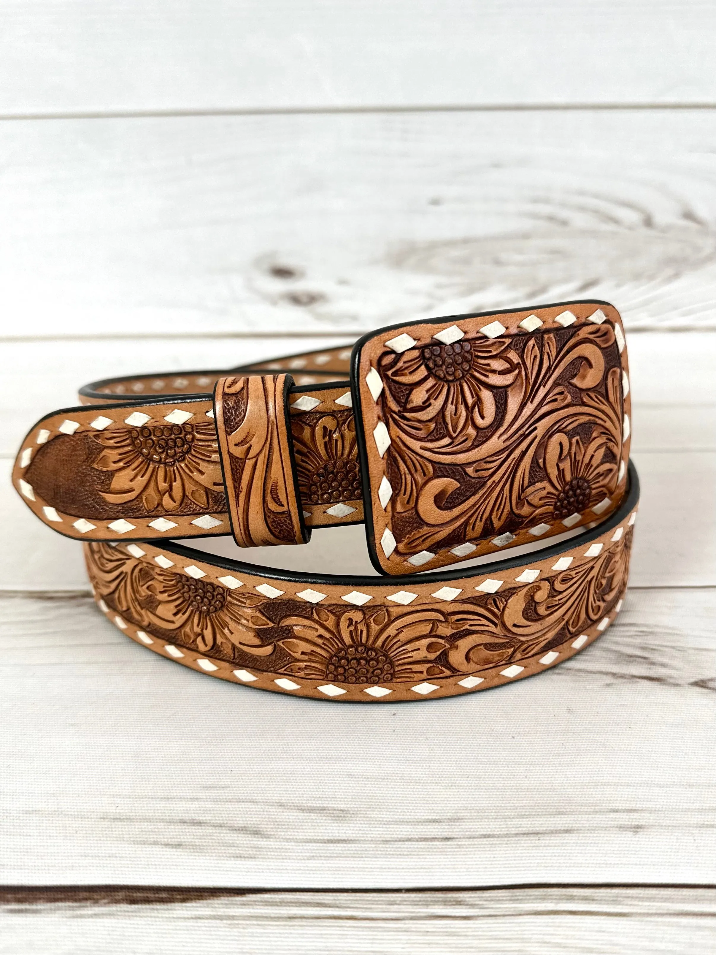 Light Sunflower Tooled Leather Woman’s Belt