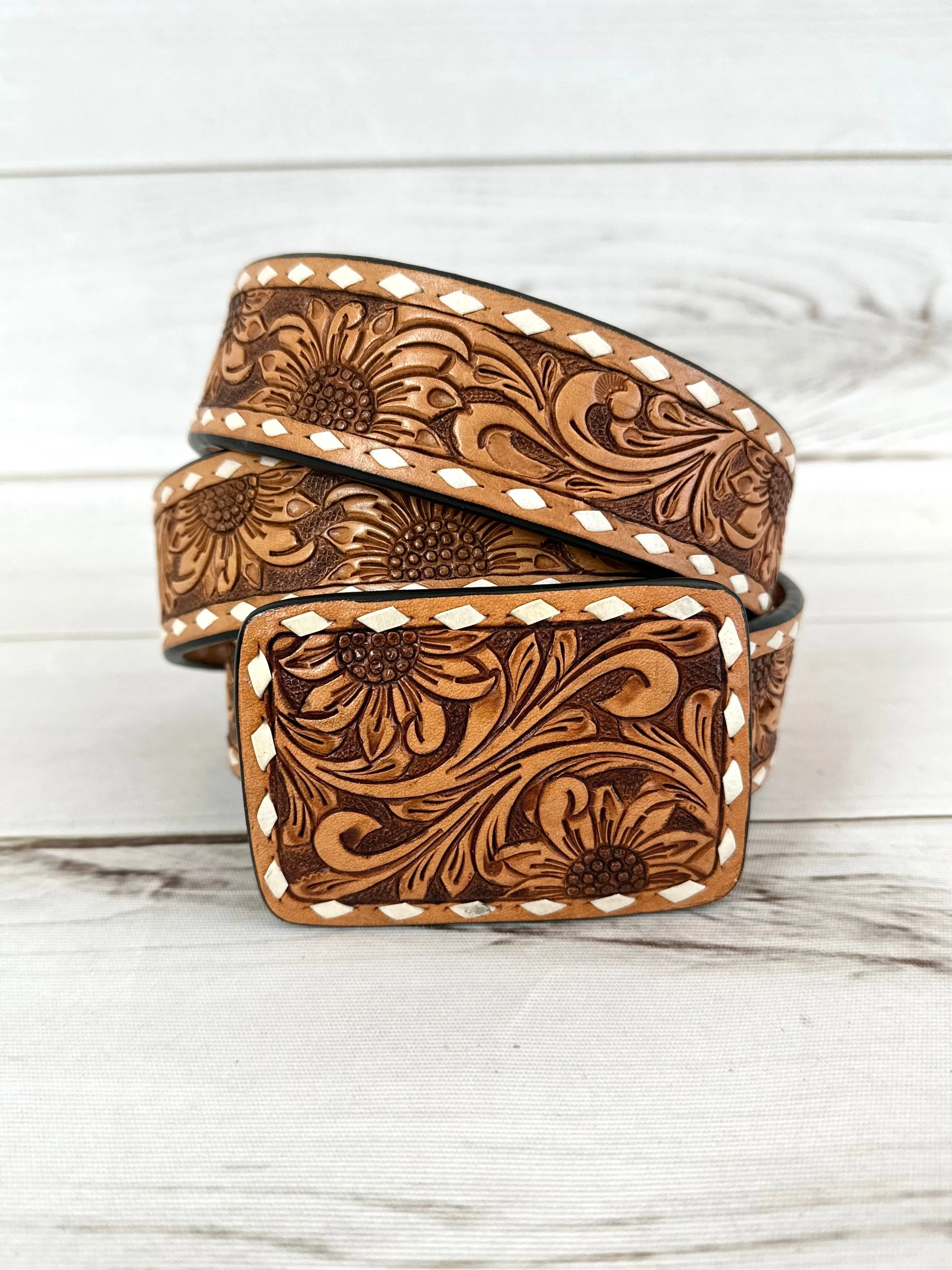 Light Sunflower Tooled Leather Woman’s Belt