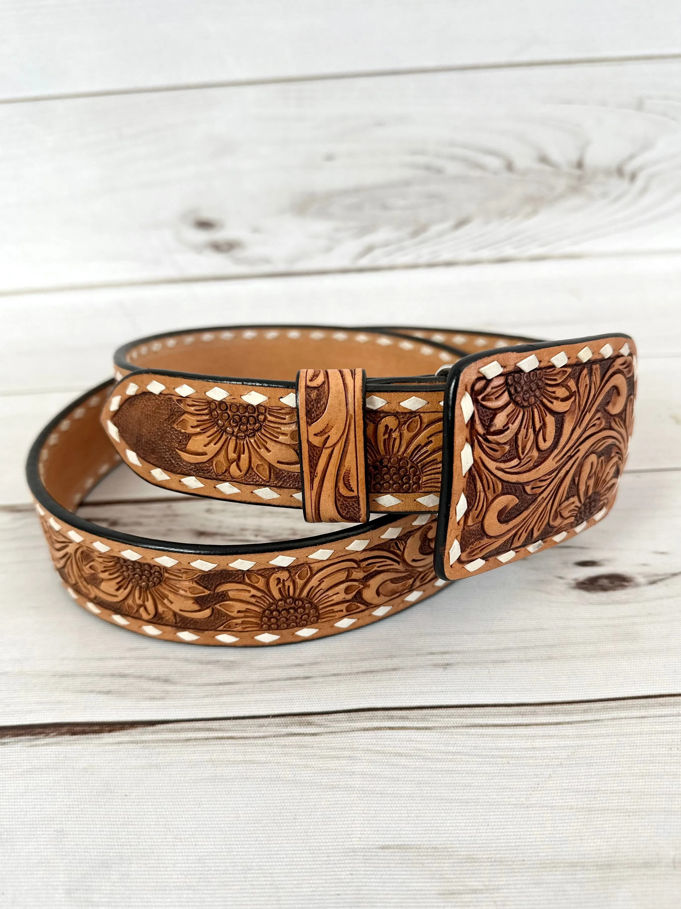 Light Sunflower Tooled Leather Woman’s Belt