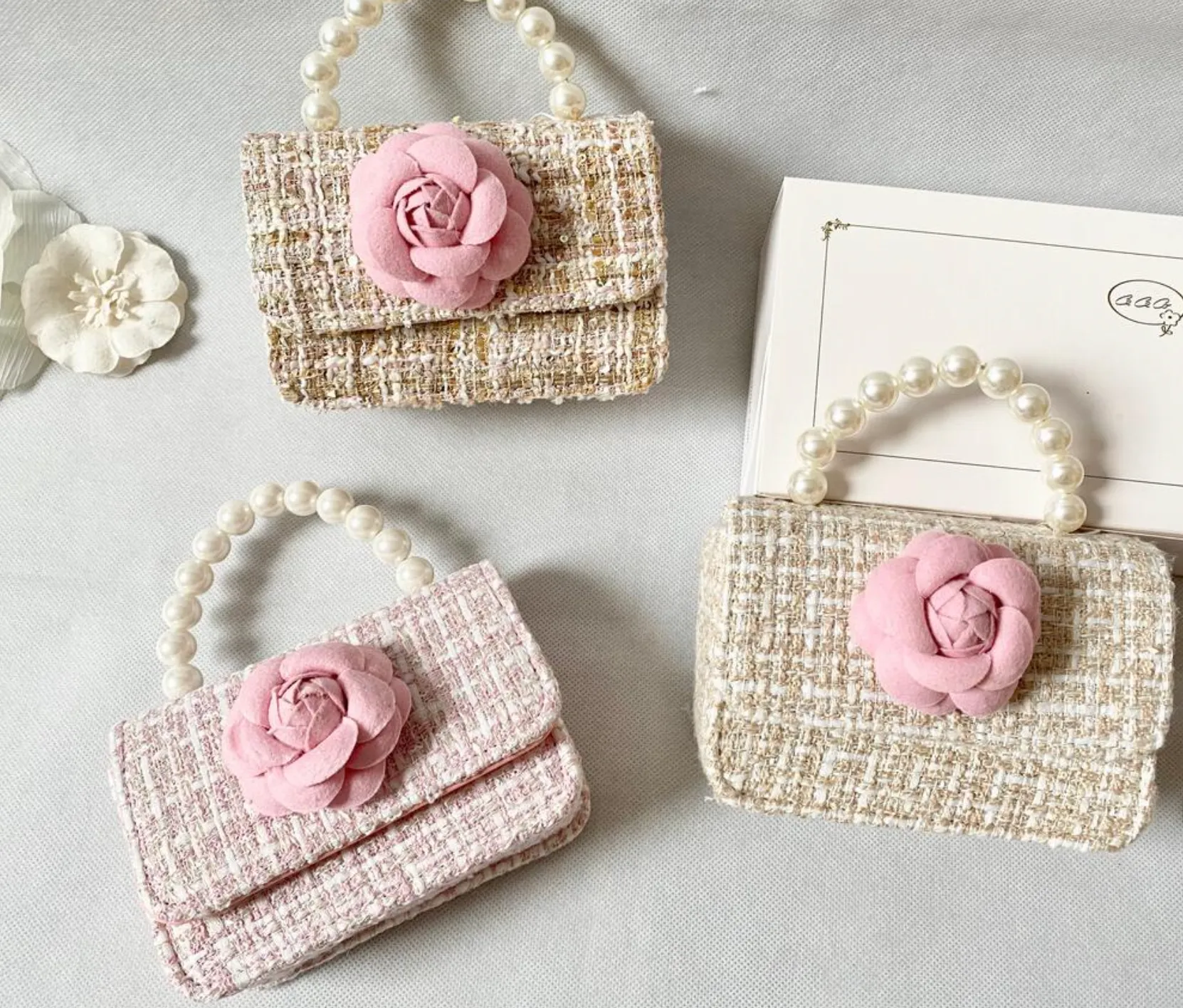 Little Ladies Designer Inspired Peony Tweed City Bag Purse Handbag