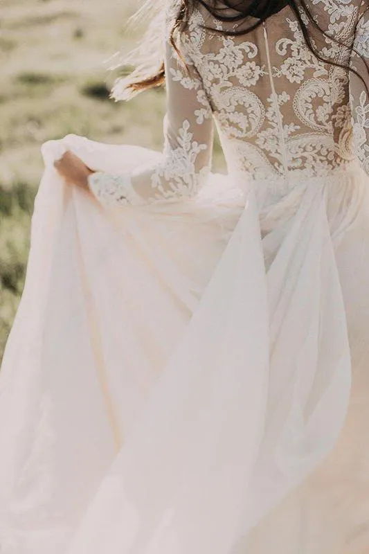 Long Sleevess Floor Length Applique Tulle A Line Scoop Wedding Dresses