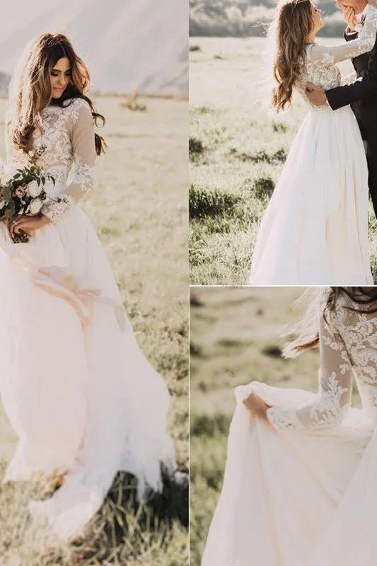 Long Sleevess Floor Length Applique Tulle A Line Scoop Wedding Dresses